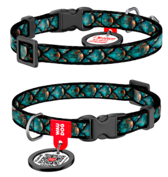 Нашийник для котів та собак нейлоновий WAUDOG Nylon з QR адресником, малюнок "Луска", пластиковий фастекс