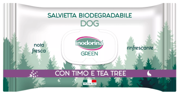 Вологі біорозкладні серветки з чебрецем та чайним девевом Inodorina Green Lino e Rosmarino для всіх типів шерсті собак