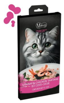 Ласощі кремові для котів Mavsy Creamy superfood Shrimp and chicken tartare with red clover and caviar у вигляді тартару з креветок і курки з червоною конюшиною та ікрою