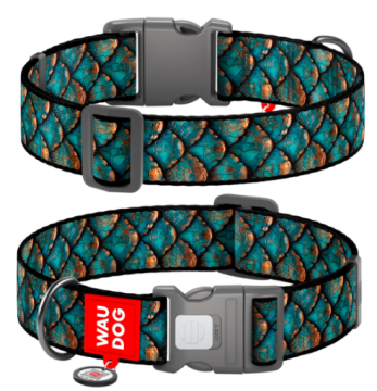Нашийник для котів та собак нейлоновий WAUDOG Nylon з QR адресником, малюнок "Луска", пластиковий фастекс