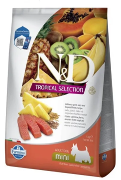 Полнорационный низкозерновой сухой корм Farmina N&D Tropical Selection, для взрослых собак мелких пород, с лососем и тропическими фруктами