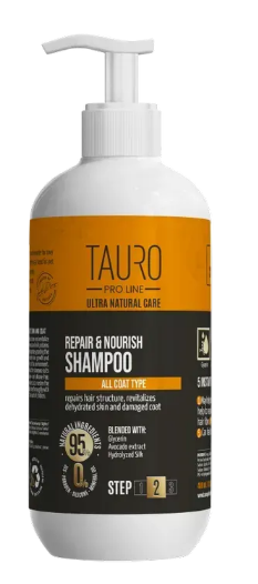 Шампунь восстановление и питание для кожи и шерсти собак и кошек TAURO PRO LINE Ultra Natural Care Repair and Nourish