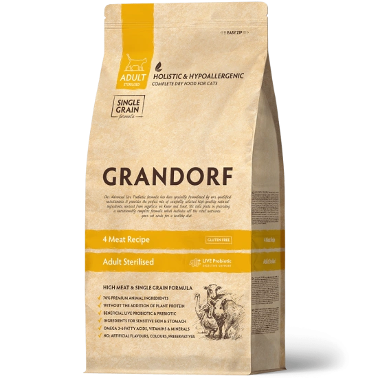 Grandorf Cat 4 Meat & Turkey Steril Грандорф 4 вида мяса с пробиотиками для стерилизованных котов