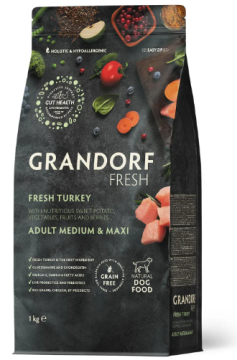 Grandorf FRESH TURKEY & SWEET POTATO ADULT DOG MEDIUM & MAXI - сухой корм для взрослых собак средних и крупных пород с индейкой и бататом