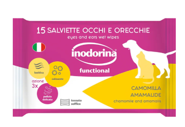 Вологі серветки для гігієнічного догляду за вухами та очима Inodorina Functional Camomilla з ромашкою для собак і котів