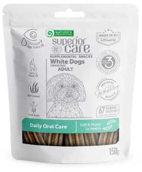 Беззернові ласощі з протеїном комах Nature's Protection Superior Care White Dogs Daily Oral Care для дорослих собак усіх порід
