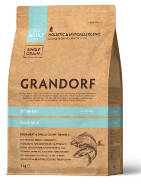 Сухой низкозерновой корм для взрослых собак мелких пород Grandorf White Fish Mini с белой рыбой