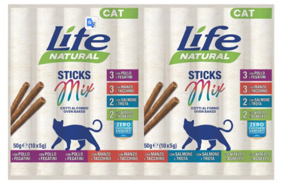 Лакомство для кошек LifeCat палочки, микс 50g (10 x 5g): 3 Курица/печень+3 Индейка/Говяжье+2 Лосось/Форель+2 Ягненок/Телятина