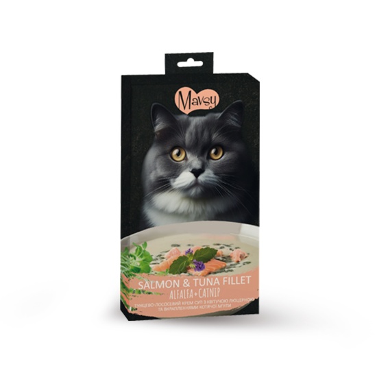 Mavsy Creamy Treats Tuna+Salmon+catnip Тунцово-лососевый крем-суп с цветущей люцерной и вкраплениями кошачьей мяты