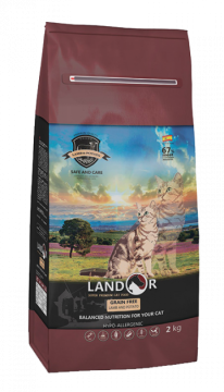 Landor Сухой беззерновой корм для котов с функцией контроля образования комков шерсти и веса Ягнёнок с бататом