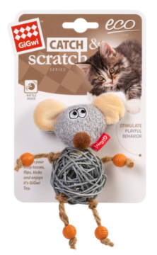Игрушка для кошек Мышка с колокольчиком GiGwi Catch&scratch, текстиль, веревка, ротанг