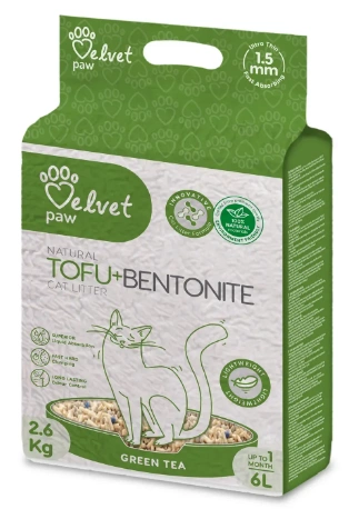 Наполнитель для кошачьих туалетов VELVET PAW TOFU с бентонитом и экстрактом зеленого чая, гранулы 1,5 мм