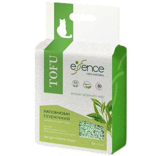 Наповнювач туалету для котів Essence натуральний із ароматом зеленого чаю розмір гранул 3 мм, 6 л (тофу)