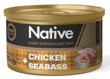 Native Chicken with Seabass Adult Cat – натуральный консервированный корм с курицей и морским окунем для кошек.