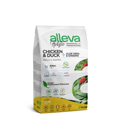 Alleva Holistic Kitten Полнорационный корм с курицей и уткой с добавлением алоэ вера и корня женьшеня для котят, беременных и лактирующих кошек