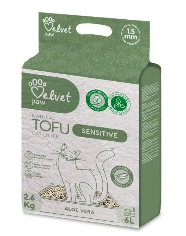 Наполнитель для кошек VELVET PAW TOFU с повышенной чувствительностью, с экстрактом алоэ вера, гранулы 1.5 мм.