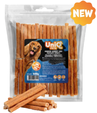Ласощі для собак UniQ PETS стіки з курки, моркви та петрушки Ласощі для собак UniQ PETS стіки з курки, моркви та петрушки
