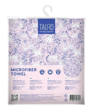 Полотенце из микрофибры Tauro Pro Line круглое, розовое с голубыми деталями и кистями
