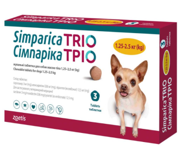 Симпарика ТРИО Таблетки от глистов, блох и клещей для собак весом от 1,25 до 2,5 кг