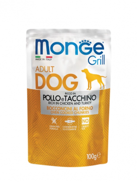 Вологий корм Monge Dog Grill Pouch Chicken/turkey для вимогливих дорослих собак зі смаком м'яса