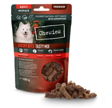 Мясные натуральные лакомства Mix Конина, Страус, Оленина и Курица Chewies Lucky Bits для взрослых и пожилых собак