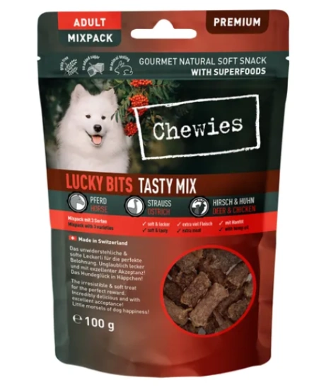 Мясные натуральные лакомства Mix Конина, Страус, Оленина и Курица Chewies Lucky Bits для взрослых и пожилых собак