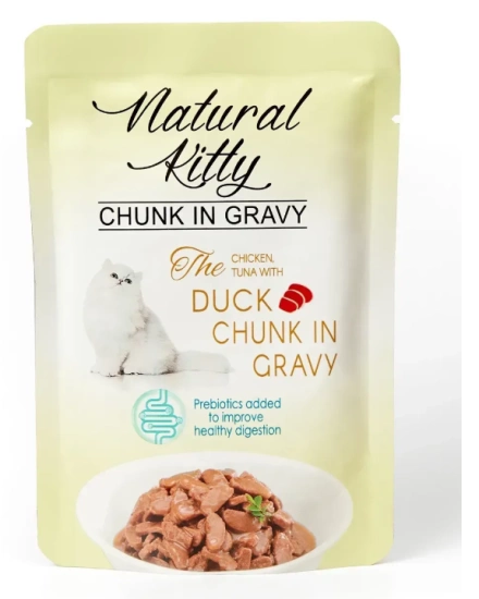 Natural Kitty Chunk in Gravy Chicken, Tuna with Duck кусочки курицы и тунца с уткой и печенью в соусе для кошек