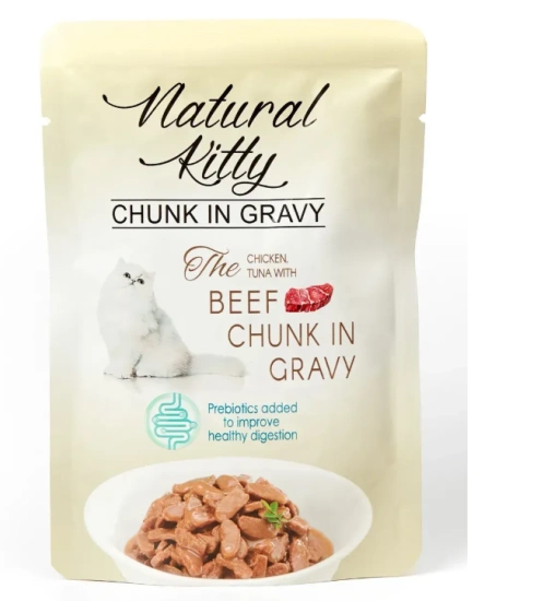 Natural Kitty Chunk in Gravy Chicken, Tuna with Beef кусочки курицы и тунца с говяжьей печенью в соусе для кошек