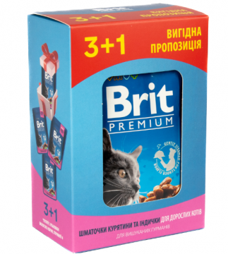 Набор паучей 3+1 для кошек Brit Premium Cat pouch Chicken & Turkey с курицей и индейкой