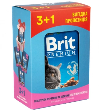 Набір паучів 3+1 для котів Brit Premium Cat pouch Chicken & Turkey з куркою та індичкою