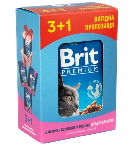 Набір паучів 3+1 для котів Brit Premium Cat pouch Chicken & Turkey з куркою та індичкою