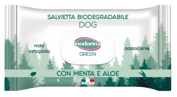 Влажные биоразлагаемые салфетки Inodorina Green Menta e Aloe с мятой и алоэ для всех типов шерсти собак
