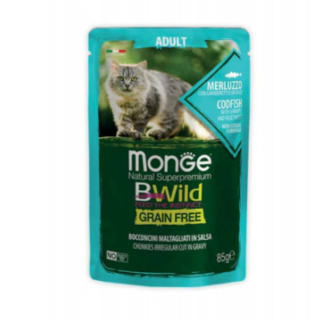 Вологий корм Monge BWild Cat Free Wet шматочки в соуcі з тріскою та креветками